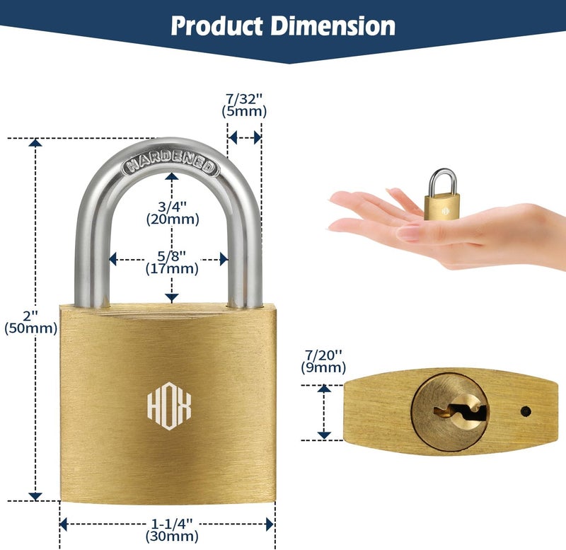 HOX 12-Pack Keyed Padlock, Waterproof and Rustproof, Solid Brass Lock with 1-1/4" Wide Body, Padlock with Keys for Storage Unit, Sheds, Garages and Fence - Image 2